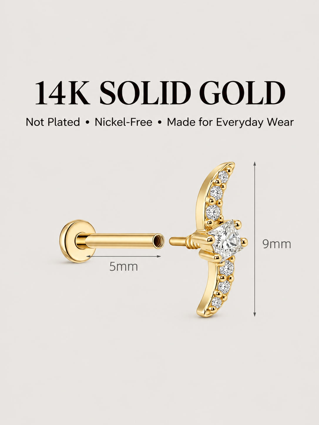 14K Gold Princess-Cut Crescent Flat Back Stud