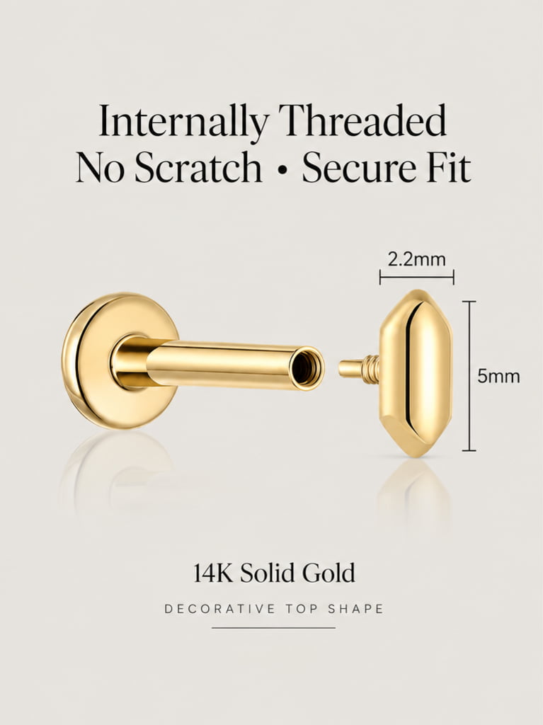 14K Solid Gold Shield & Rice Grain Flat Back Stud