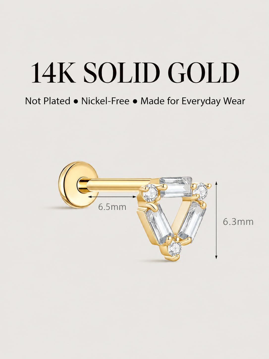 14K Gold Baguette Triangle Flat Back Stud