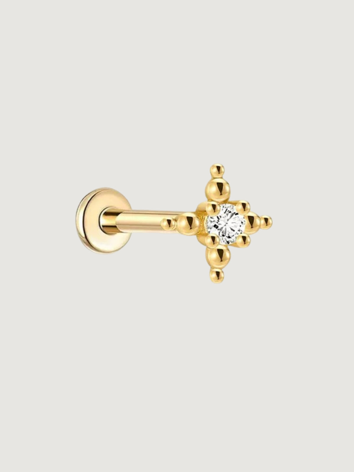 14K Gold Lab-Grown Diamond Beaded Cross Flat Back Stud