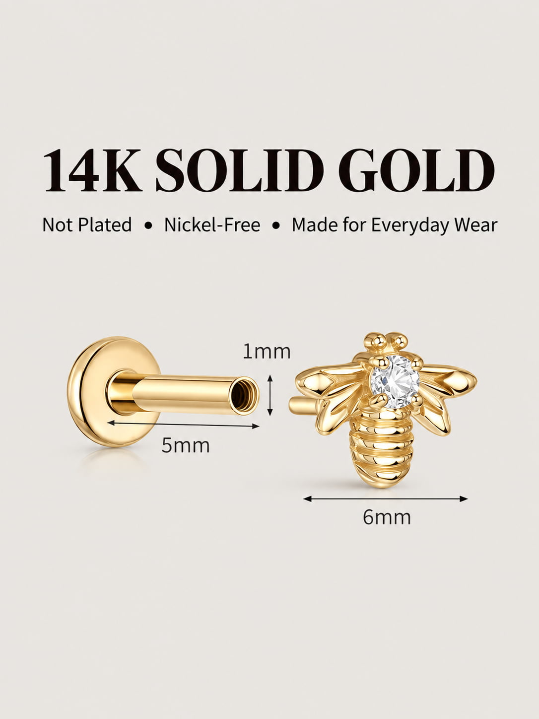 14K Gold Bee Flat Back Stud