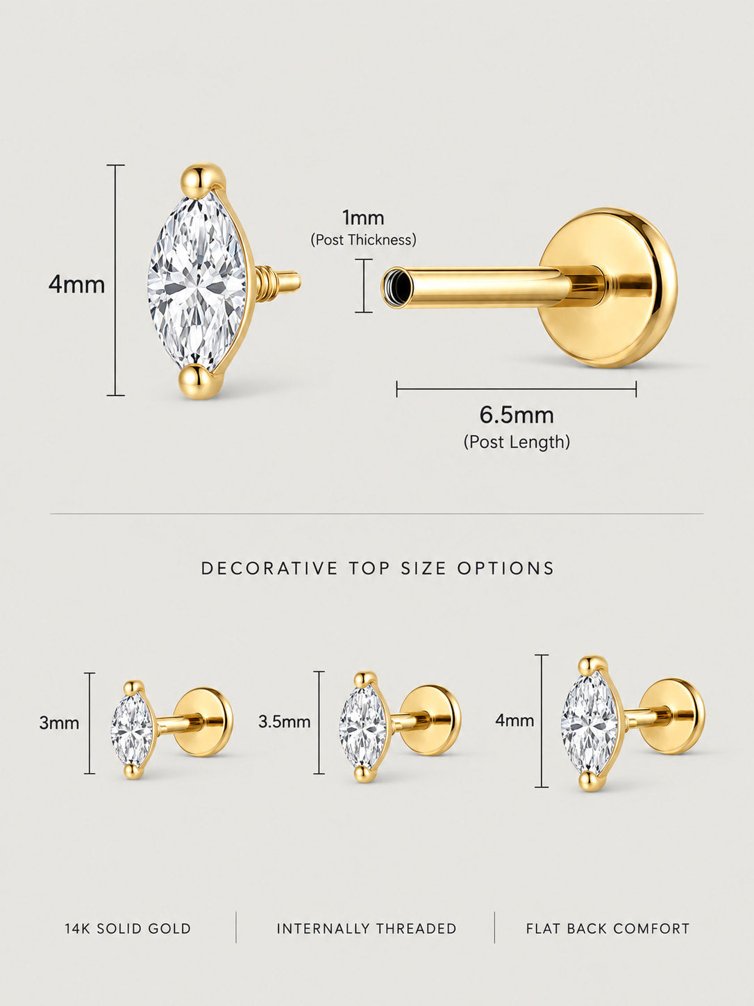 14K Solid Gold Marquise Lab Diamond Flat Back Earring