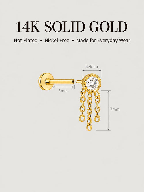 14K Gold Triple Chain Drop Flat Back Stud