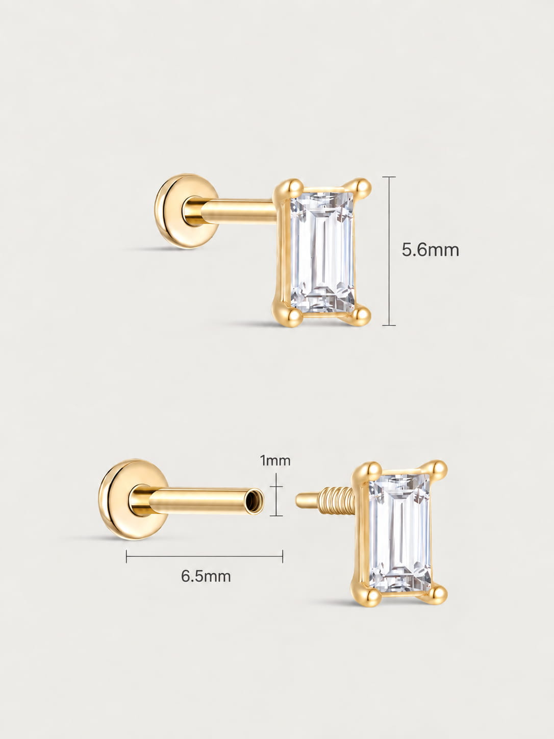 14K Solid Gold Baguette Flat Back Earring