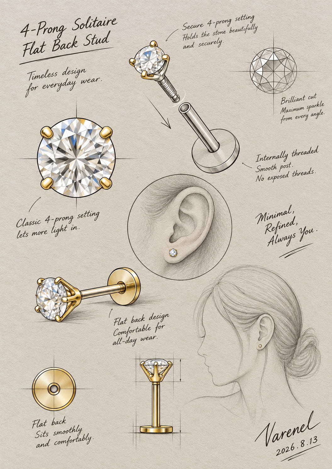 14K Solid Gold 4-Prong Solitaire Flat Back Earring