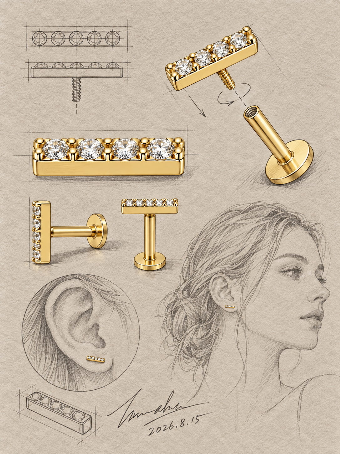 14K Solid Gold Pave Bar Flat Back Earring