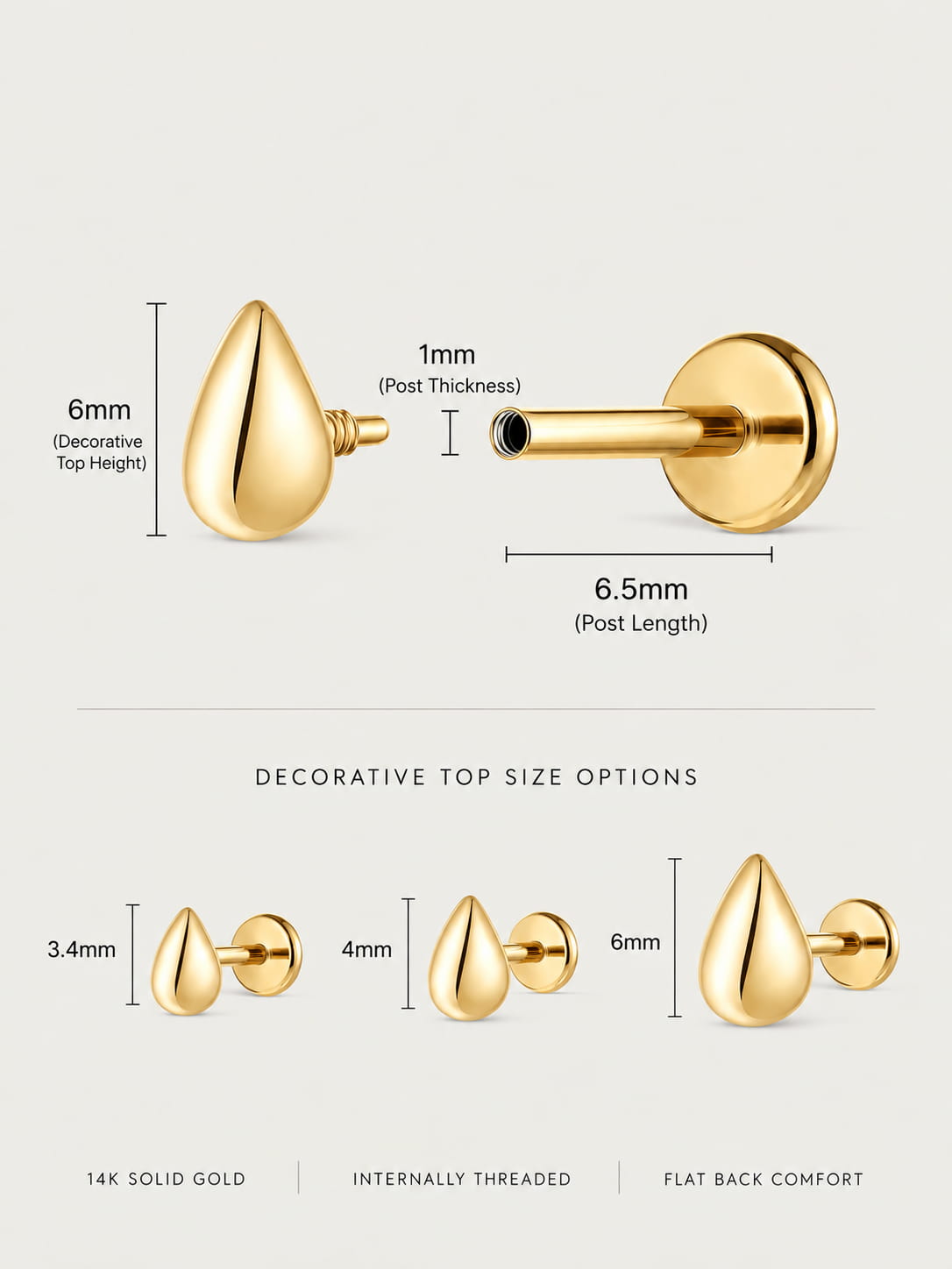 14K Solid Gold Minimalist Teardrop Flat Back Earring