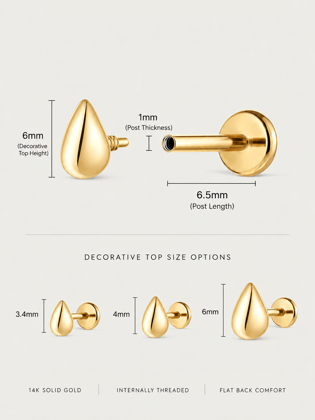 14K Solid Gold Minimalist Teardrop Flat Back Earrings