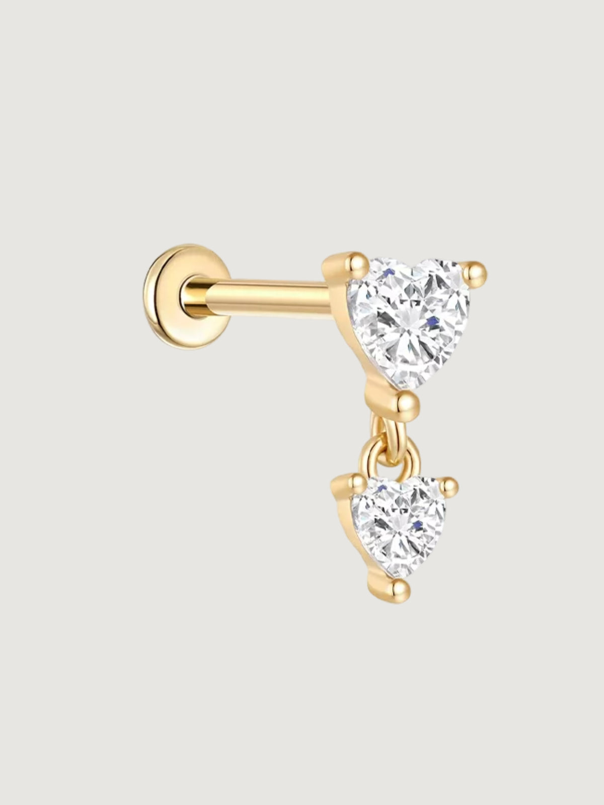 14K Solid Gold Double Heart Lab-Grown Diamond Dangle Flat Back Stud