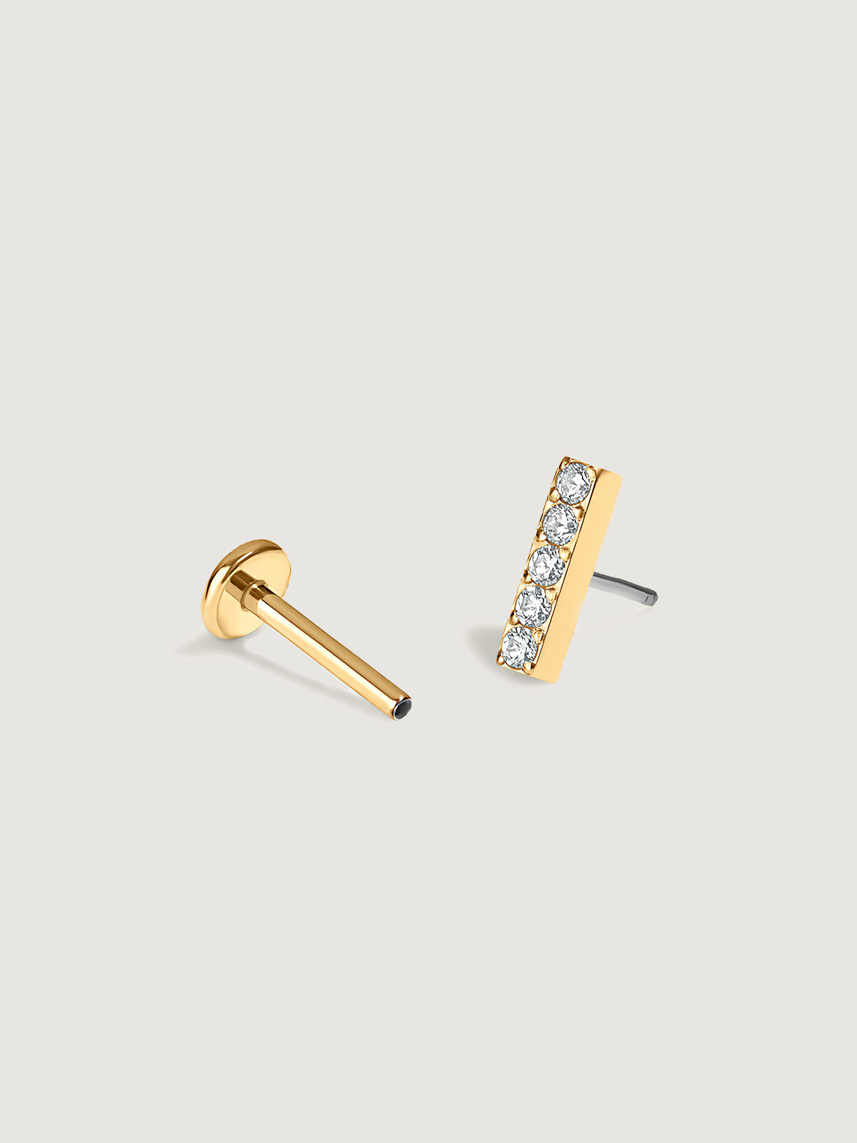 14K Solid Gold Pave Bar Flat Back Earrings