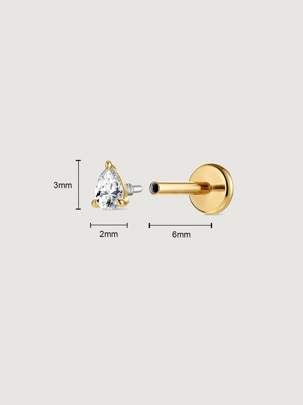 14K Solid Gold Pear Lab Diamond Flat Back Earrings