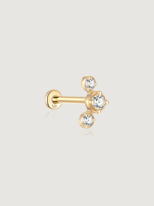 14K Solid Gold Dainty Crystal Trio Flat Back Earrings