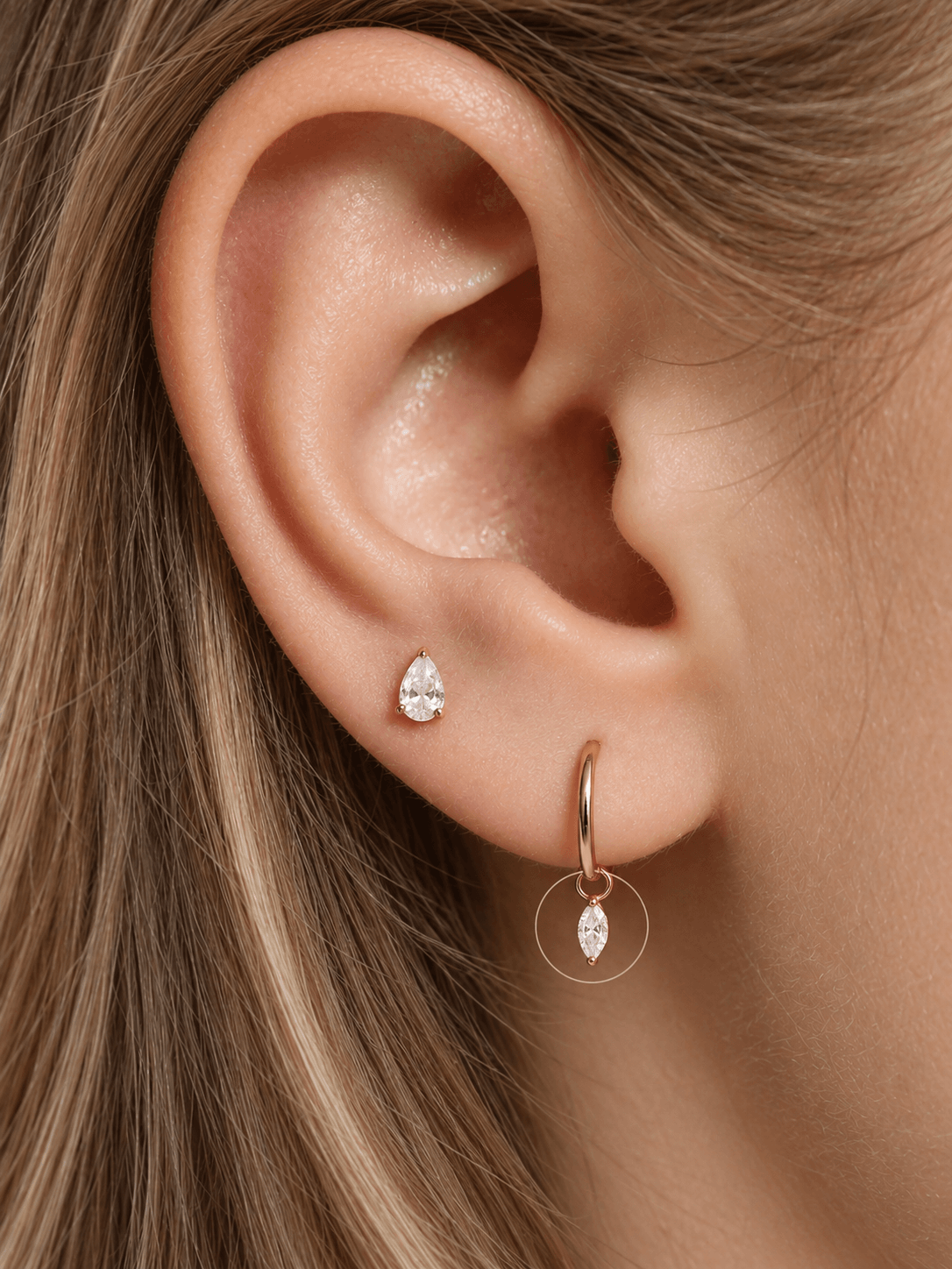 14K Solid Gold Marquise Diamond Drop Hoop Earrings