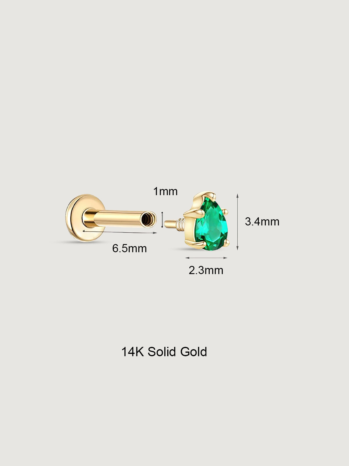 14K Solid Gold Minimal Emerald Drop Flat Back Earrings