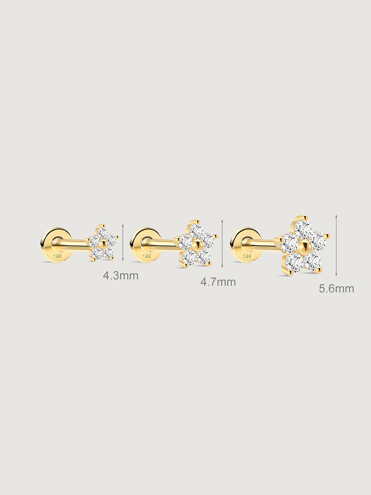 14K Solid Gold Five-Petal Flower Flat Back Earrings