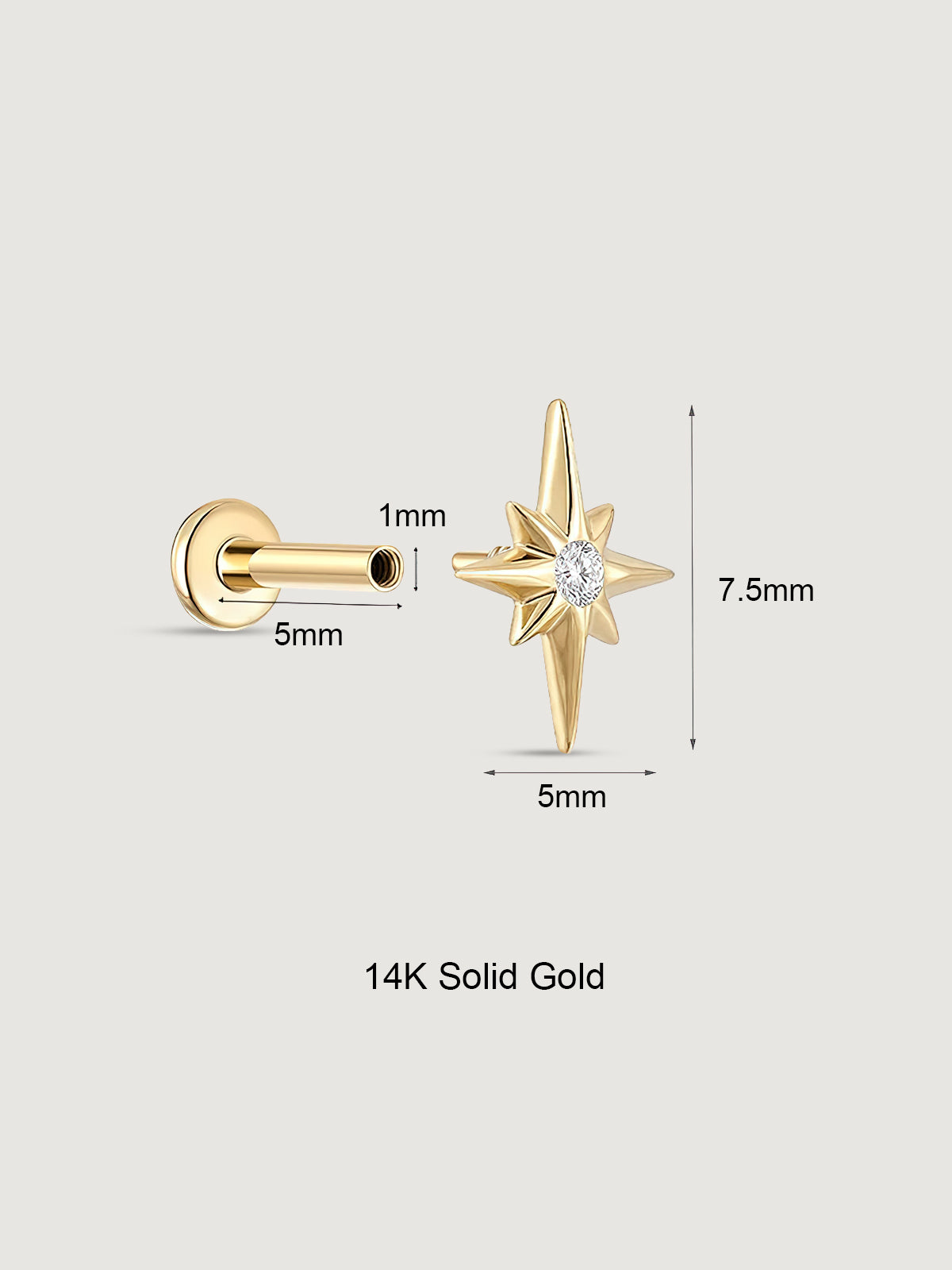 14K Solid Gold Diamond Star Flat Back Earrings