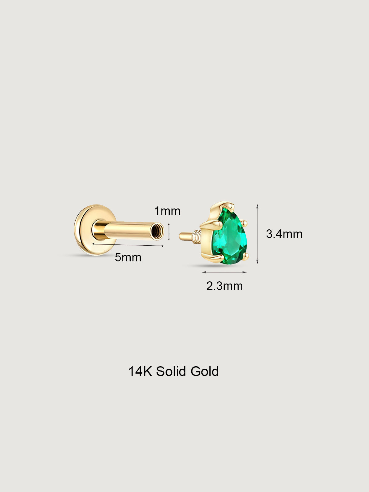 14K Solid Gold Minimal Emerald Drop Flat Back Earrings