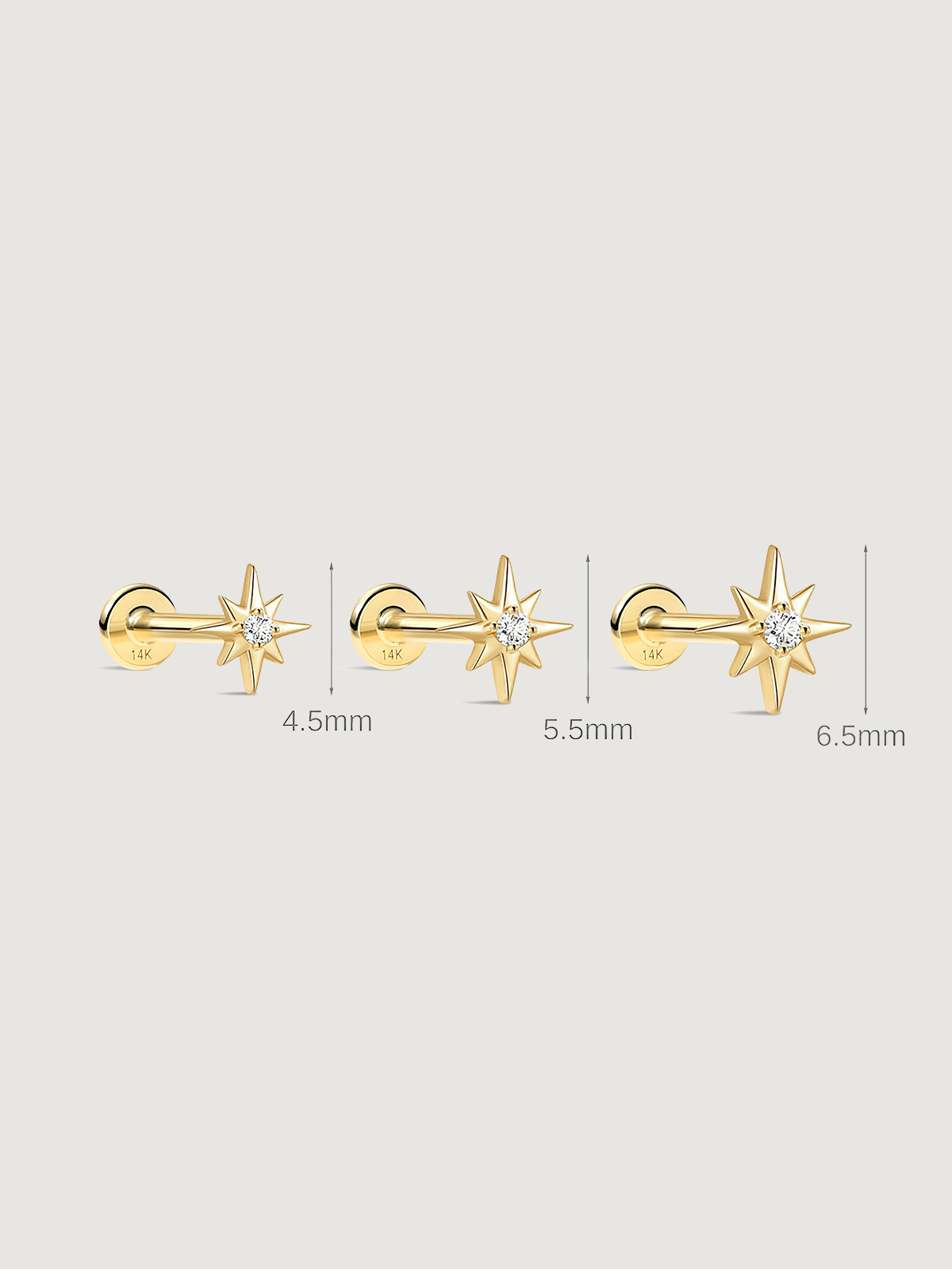 14K Solid Gold Octagonal Star Flat Back Earrings