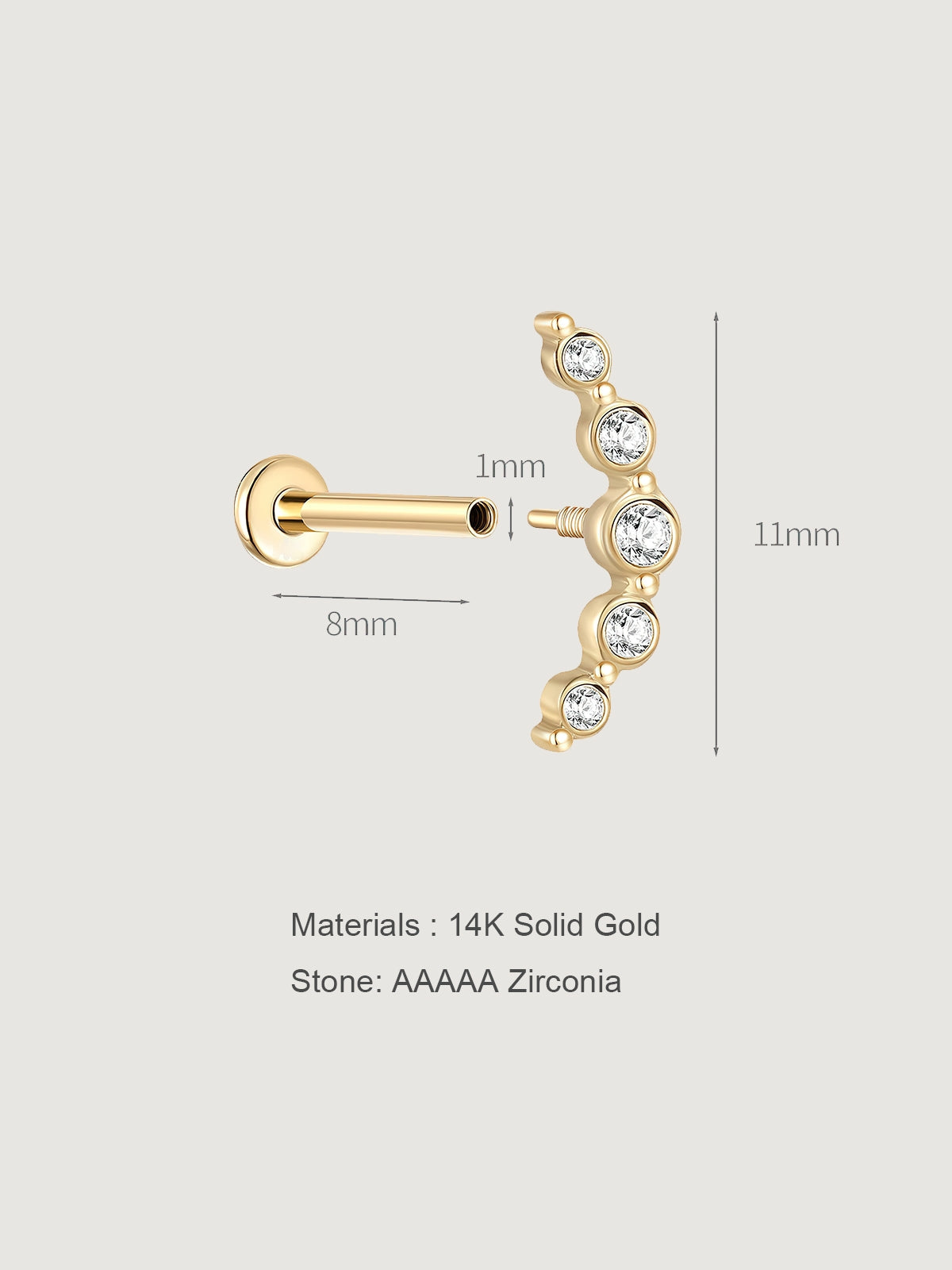 14K Solid Gold Simple Curved Flat Back Earrings