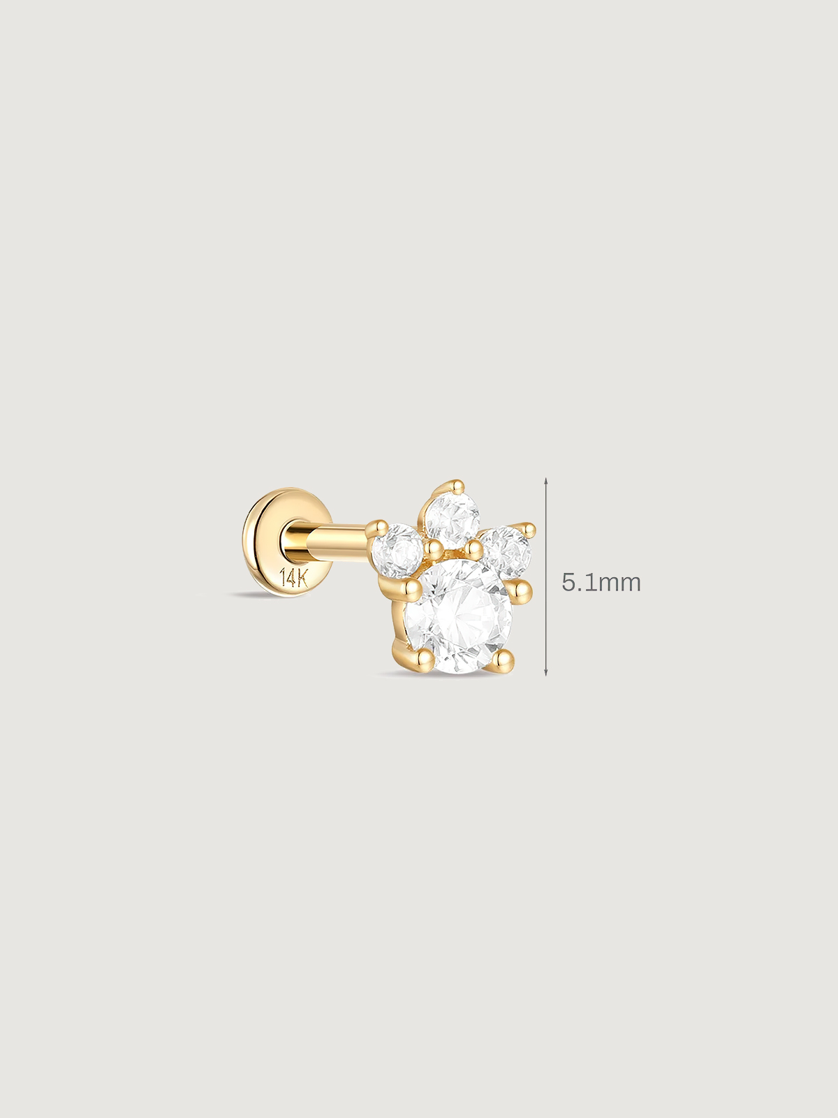 14K Solid Gold Tiny Cat Paw Flat Back Cartilage Earrings