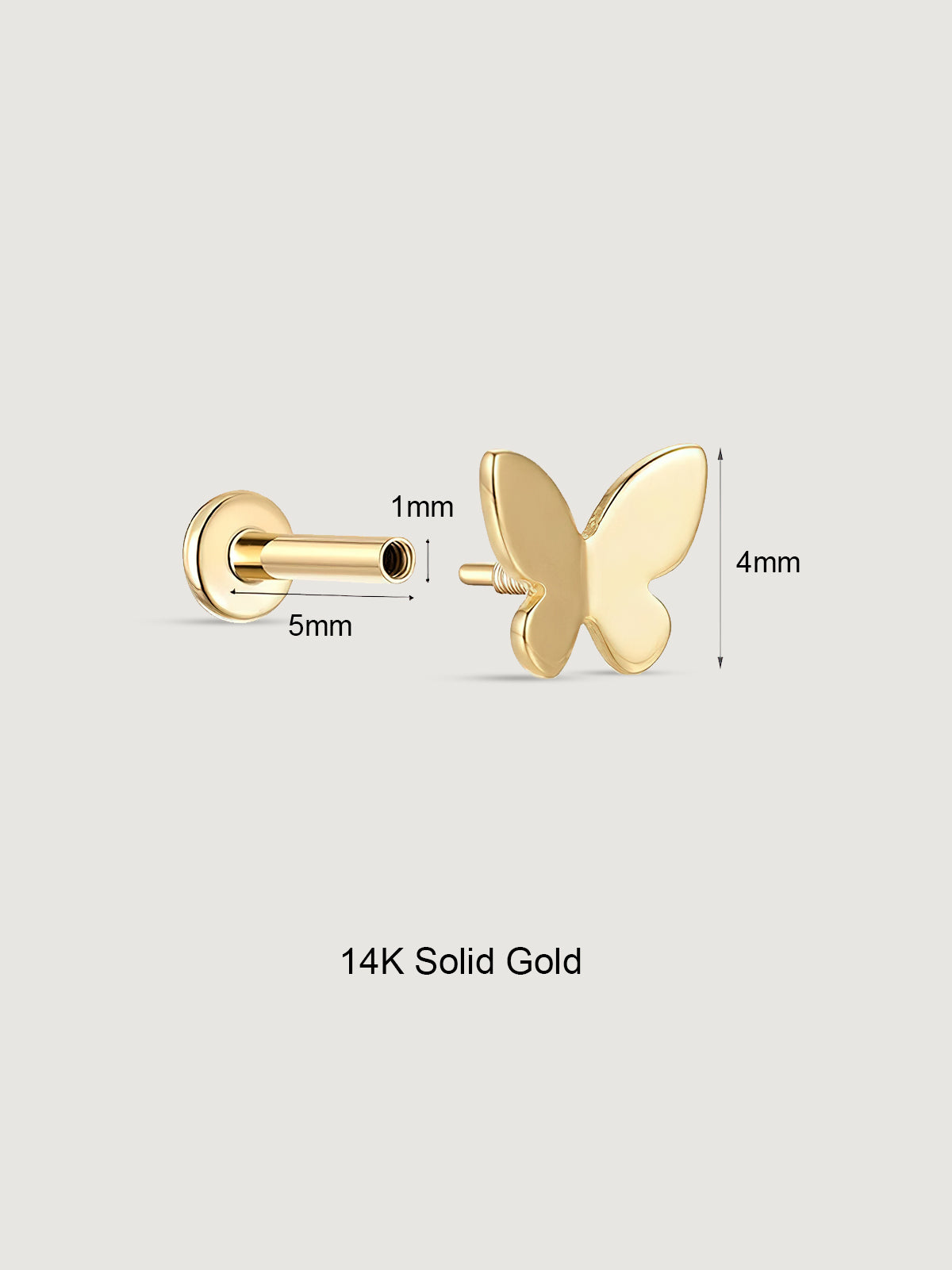 14K Solid Gold Butterfly Ball Back Flat Back Earrings