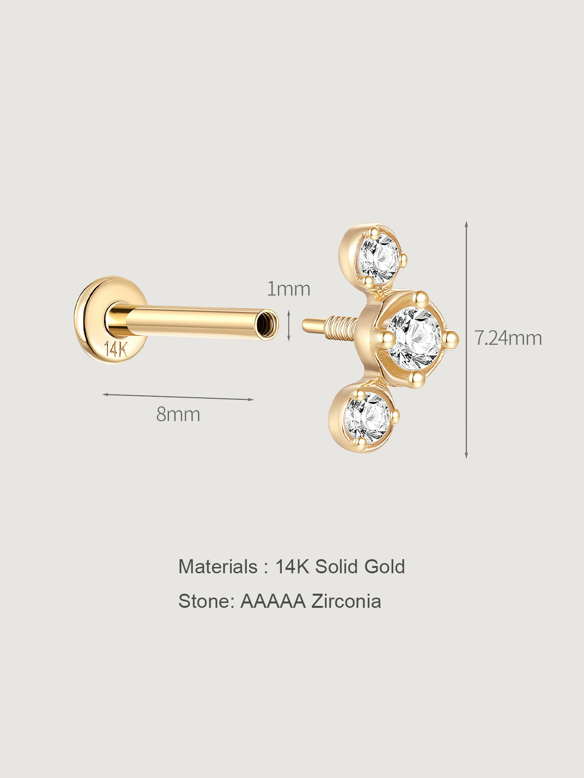 14K Solid Gold Dainty Crystal Trio Flat Back Earrings