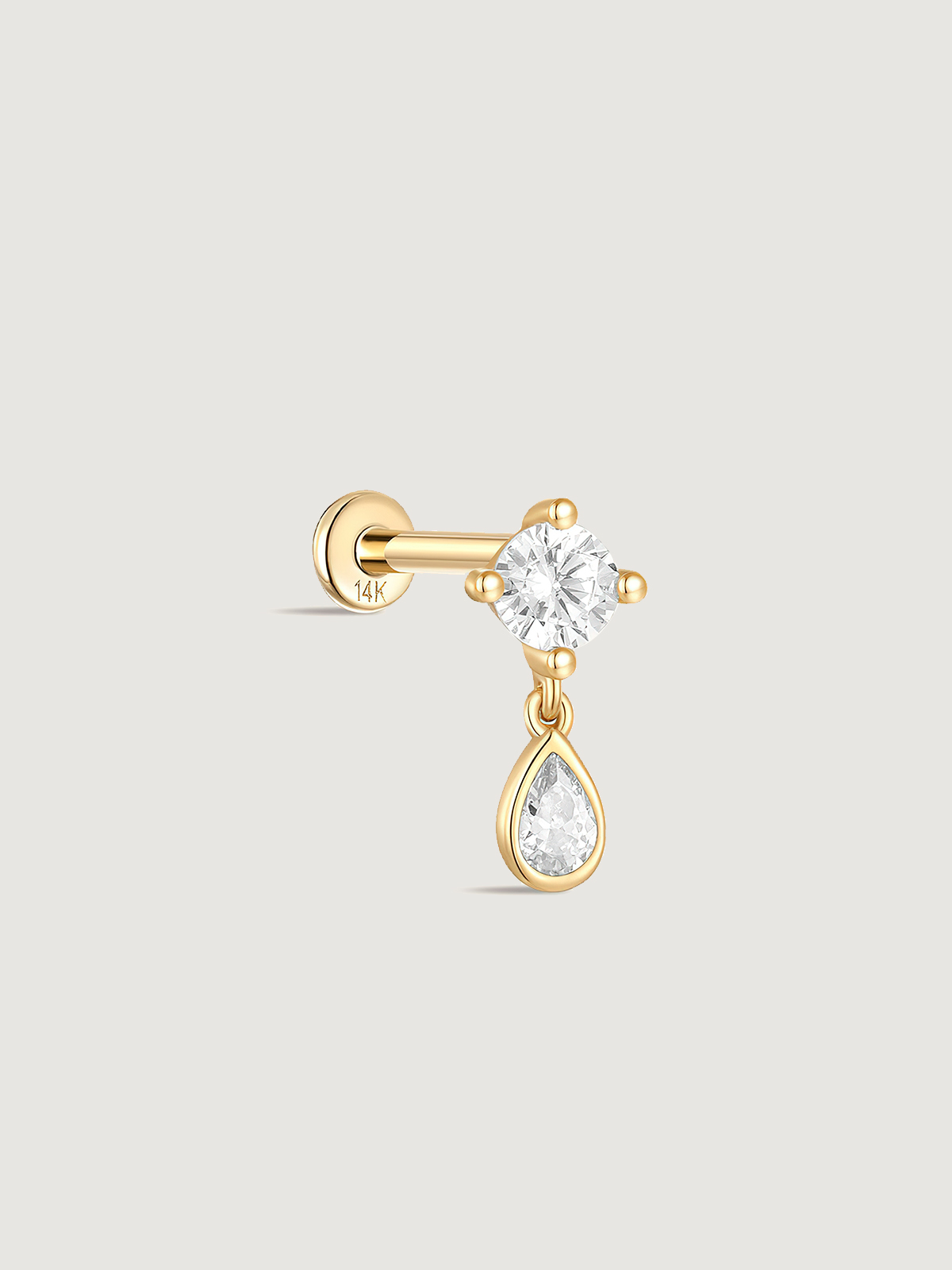 14K Solid Gold Pear Bezel Drop Flat Back Earrings