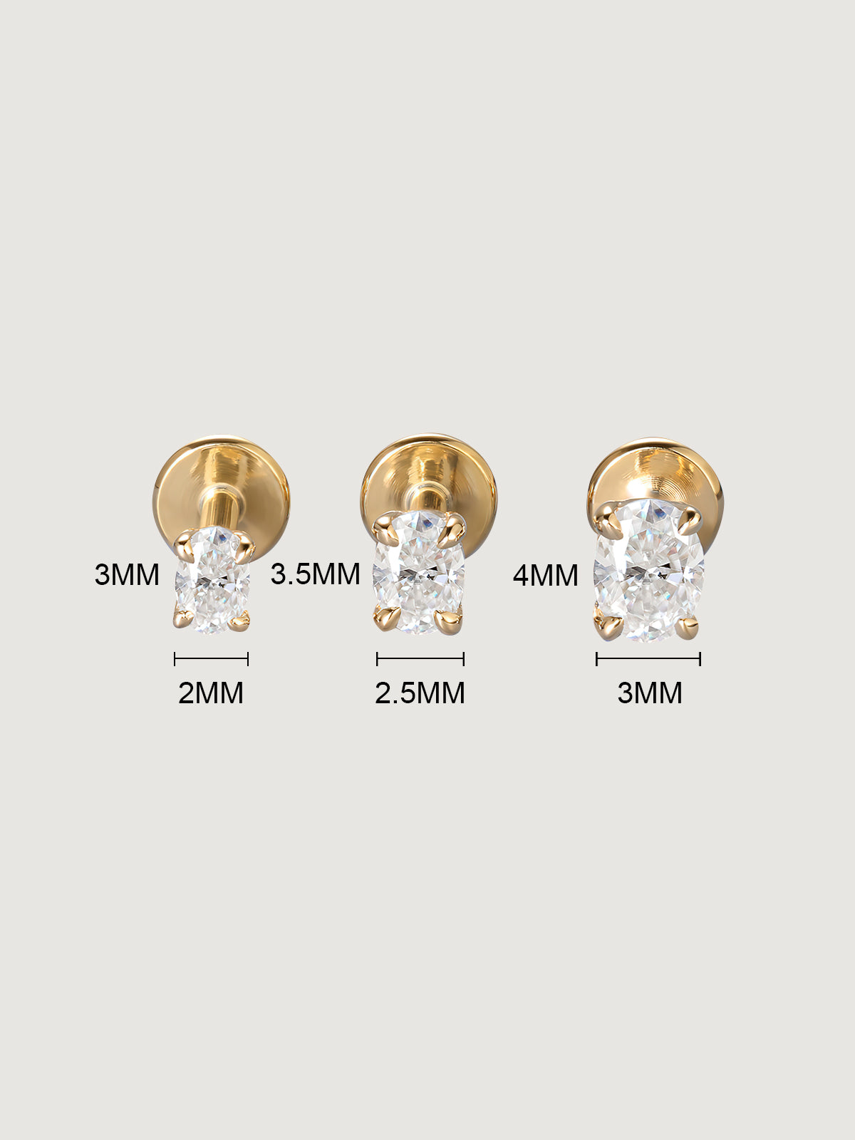 14K Solid Gold Oval Lab Diamond Flat Back Earrings