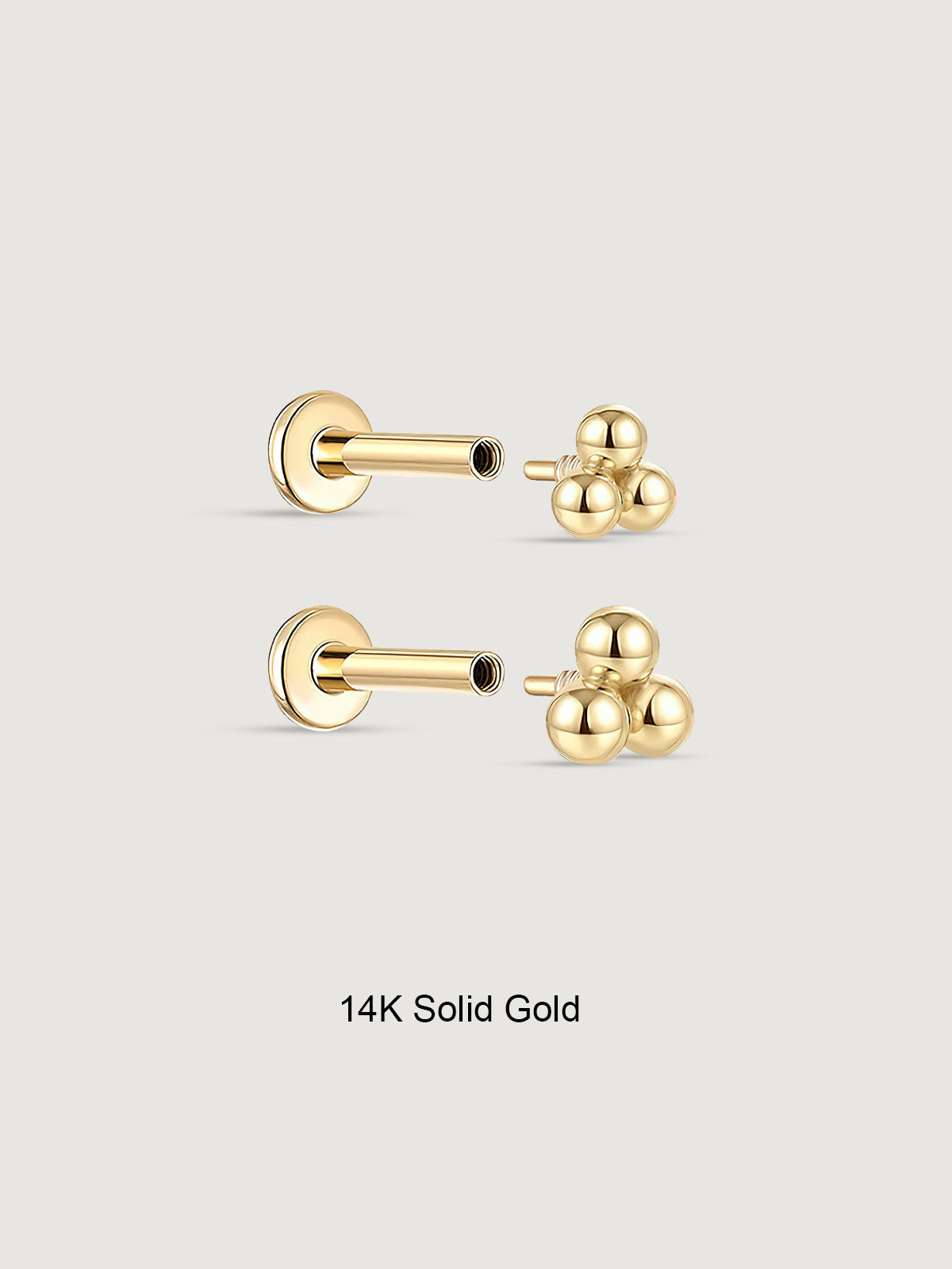 14K Solid Gold Triple Ball Flat Back Earrings
