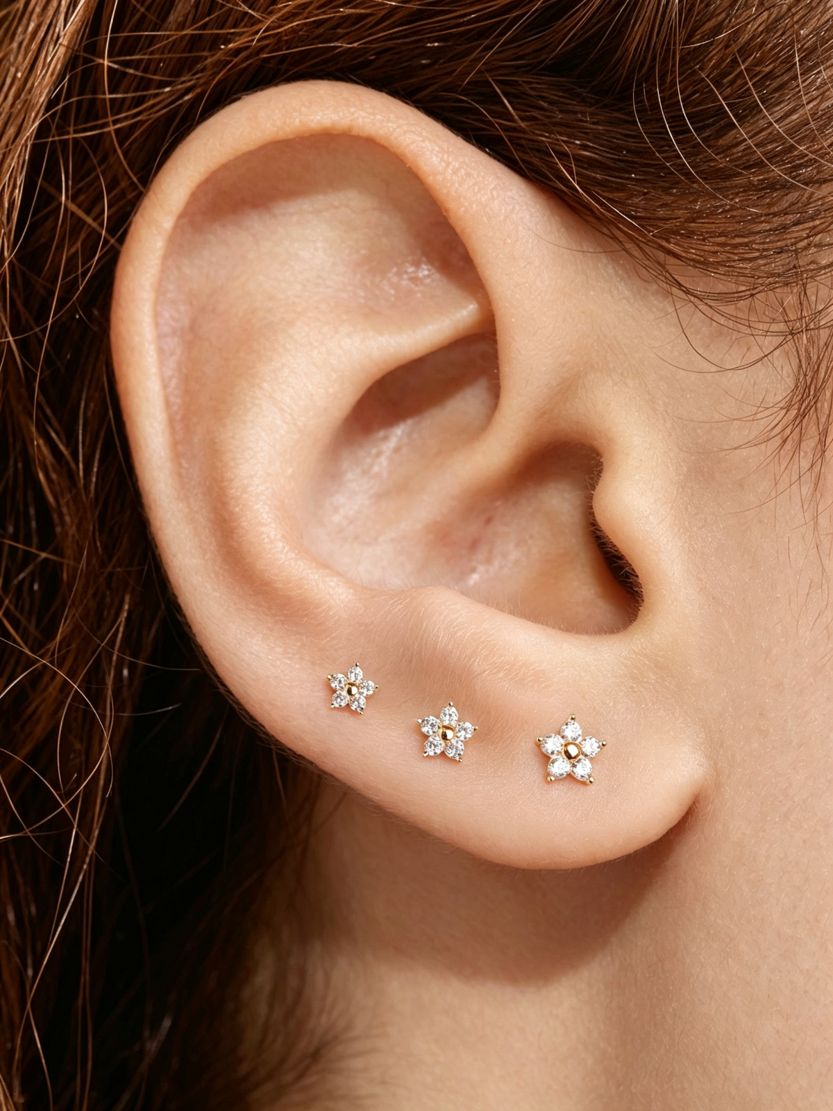 14K Solid Gold Five-Petal Flower Flat Back Earrings