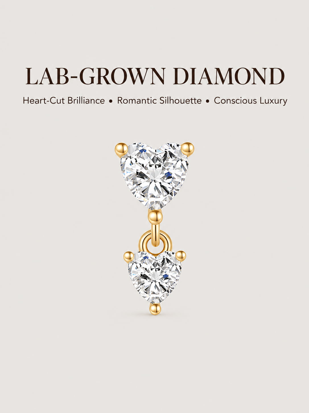 14K Solid Gold Double Heart Lab-Grown Diamond Dangle Flat Back Stud