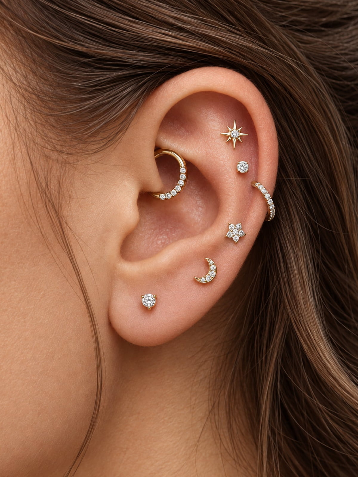 14K Solid Gold Five-Petal Flower Flat Back Earring