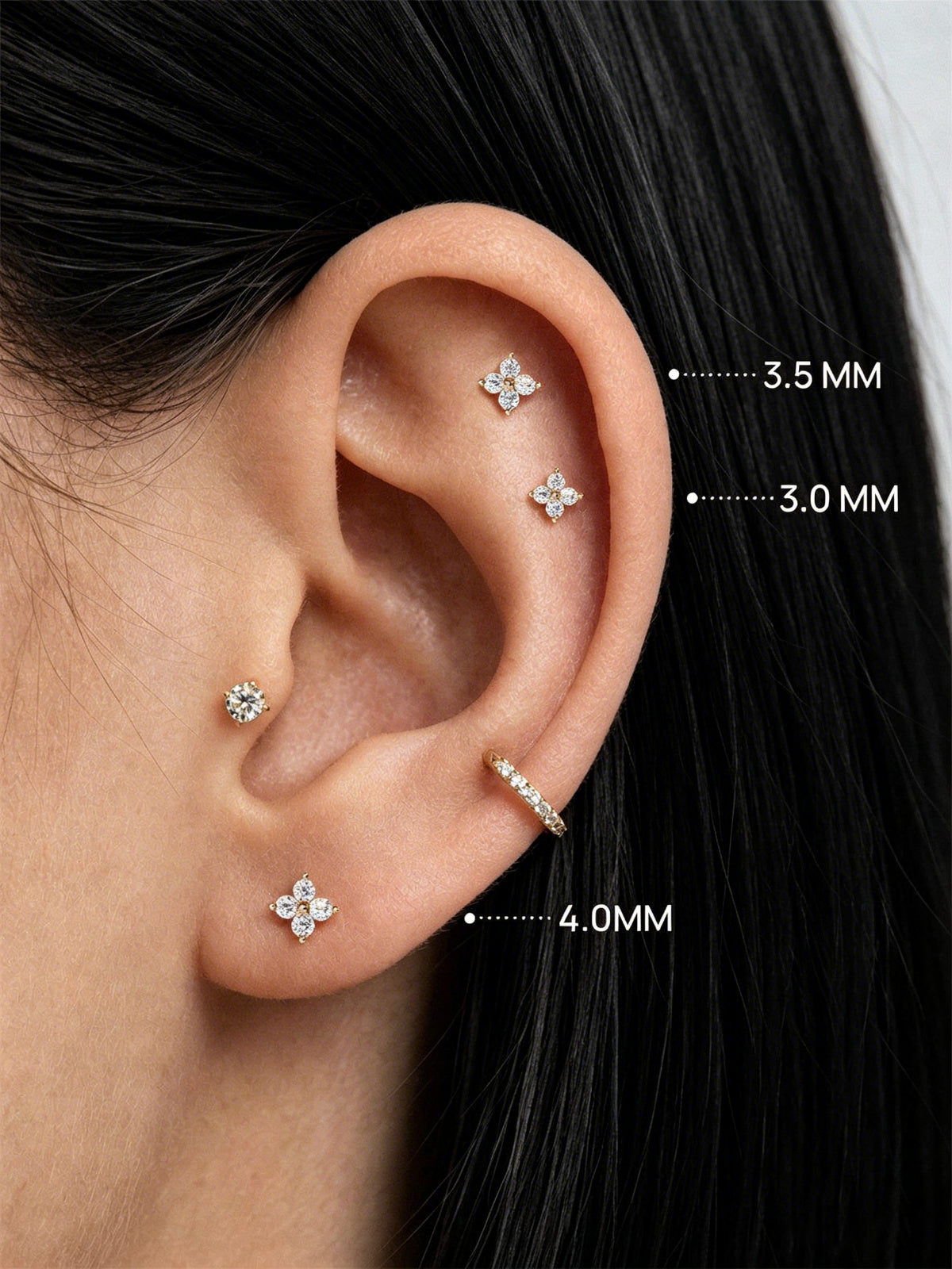 14K Solid Gold Four-Petal Flower Flat Back Earrings