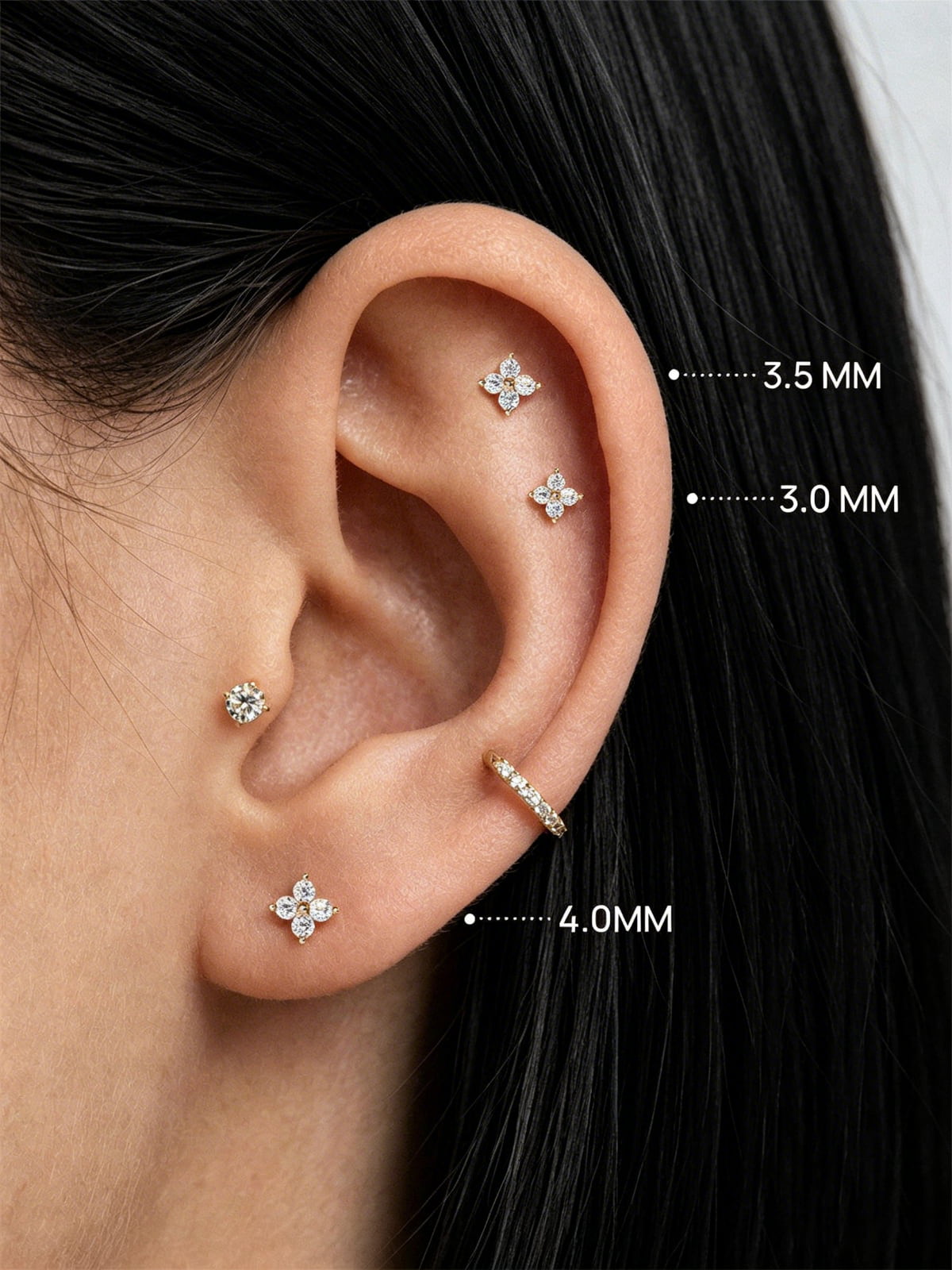 14K Solid Gold Four-Petal Flower Flat Back Earring