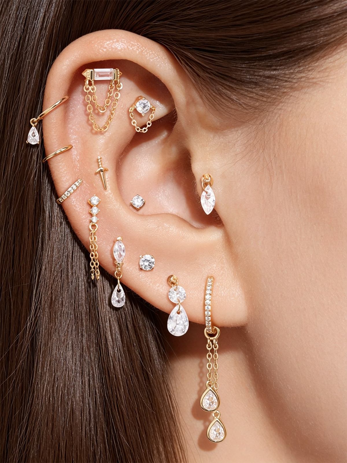 14K Solid Gold Pear Diamond Tassel Hoop Earrings
