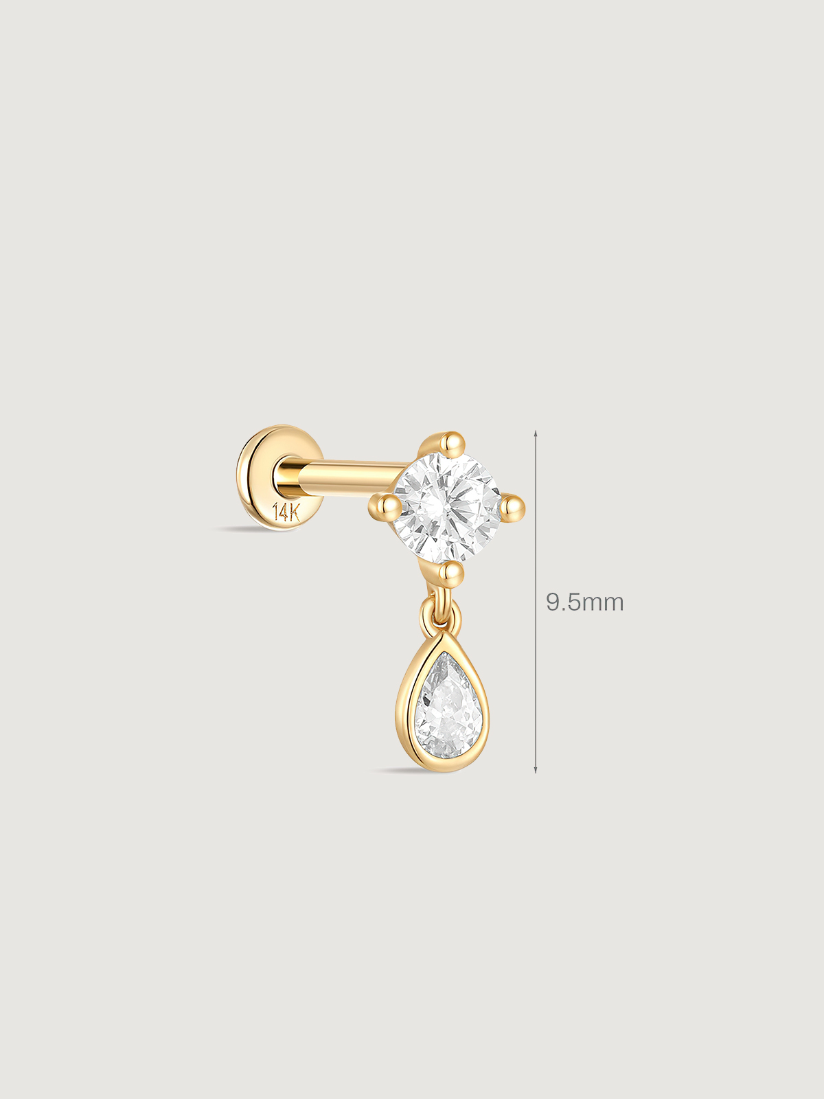 14K Solid Gold Pear Bezel Drop Flat Back Earrings