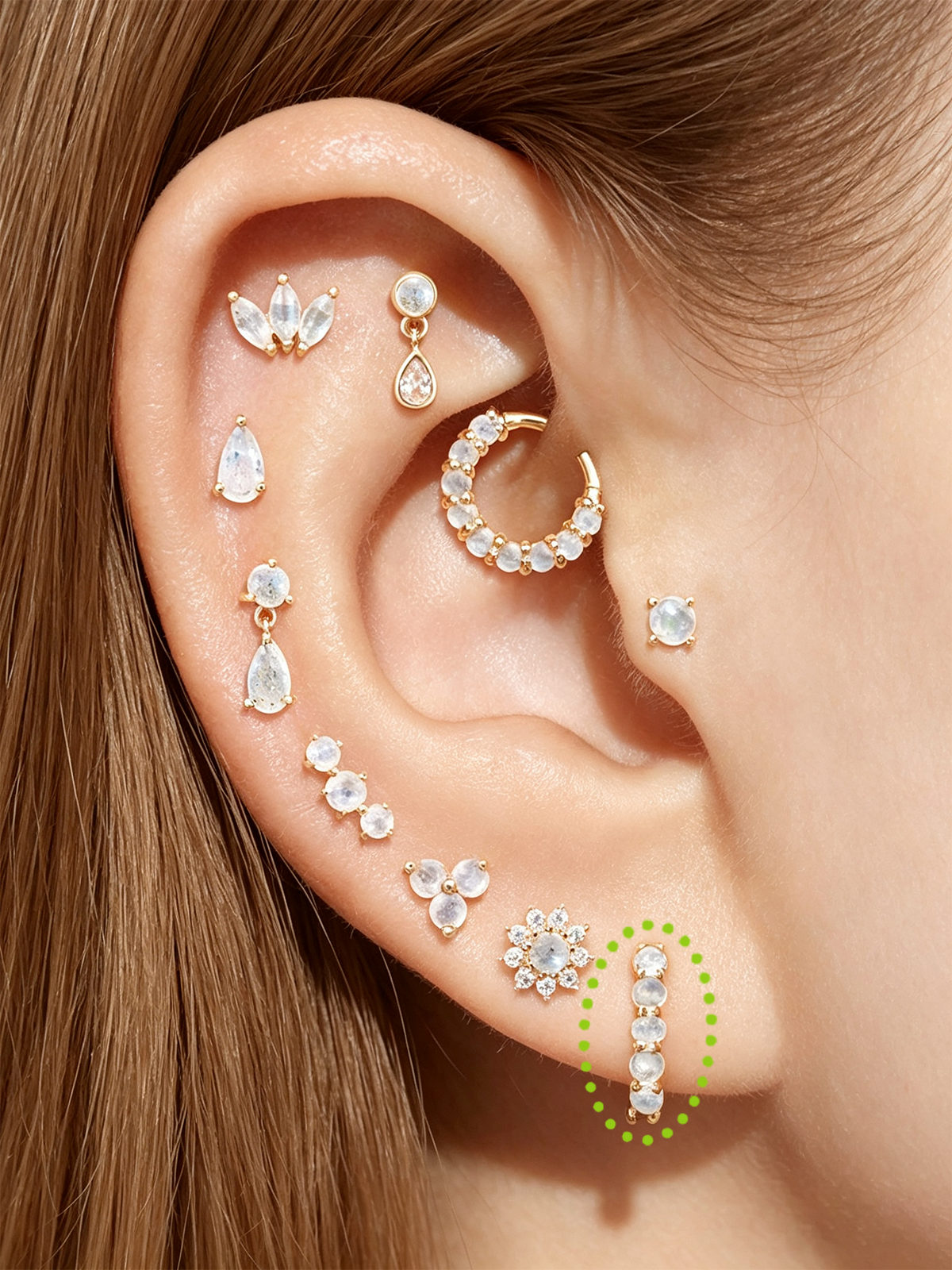 14K Solid Gold Dainty Moonstone Pave Hoop Earring