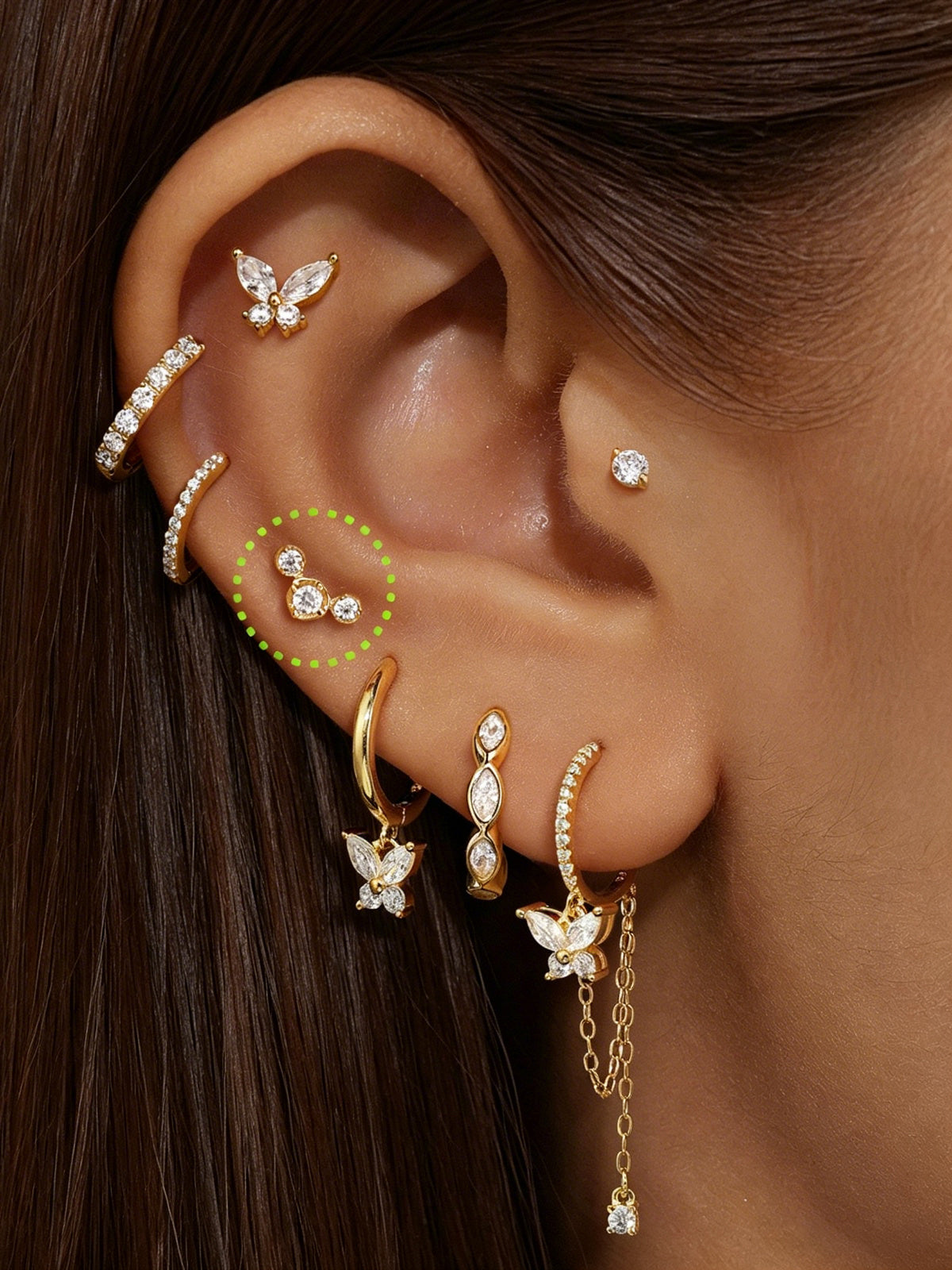 14K Solid Gold Dainty Crystal Trio Flat Back Earrings