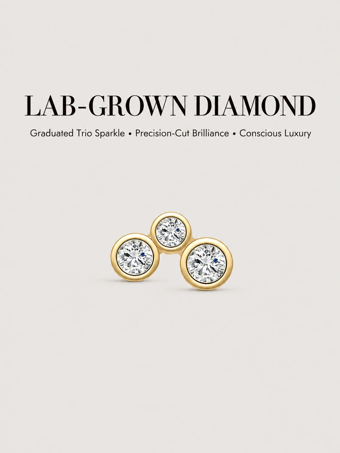 14K Solid Gold Lab-Grown Diamond Three-Stone Bezel Flat Back Stud