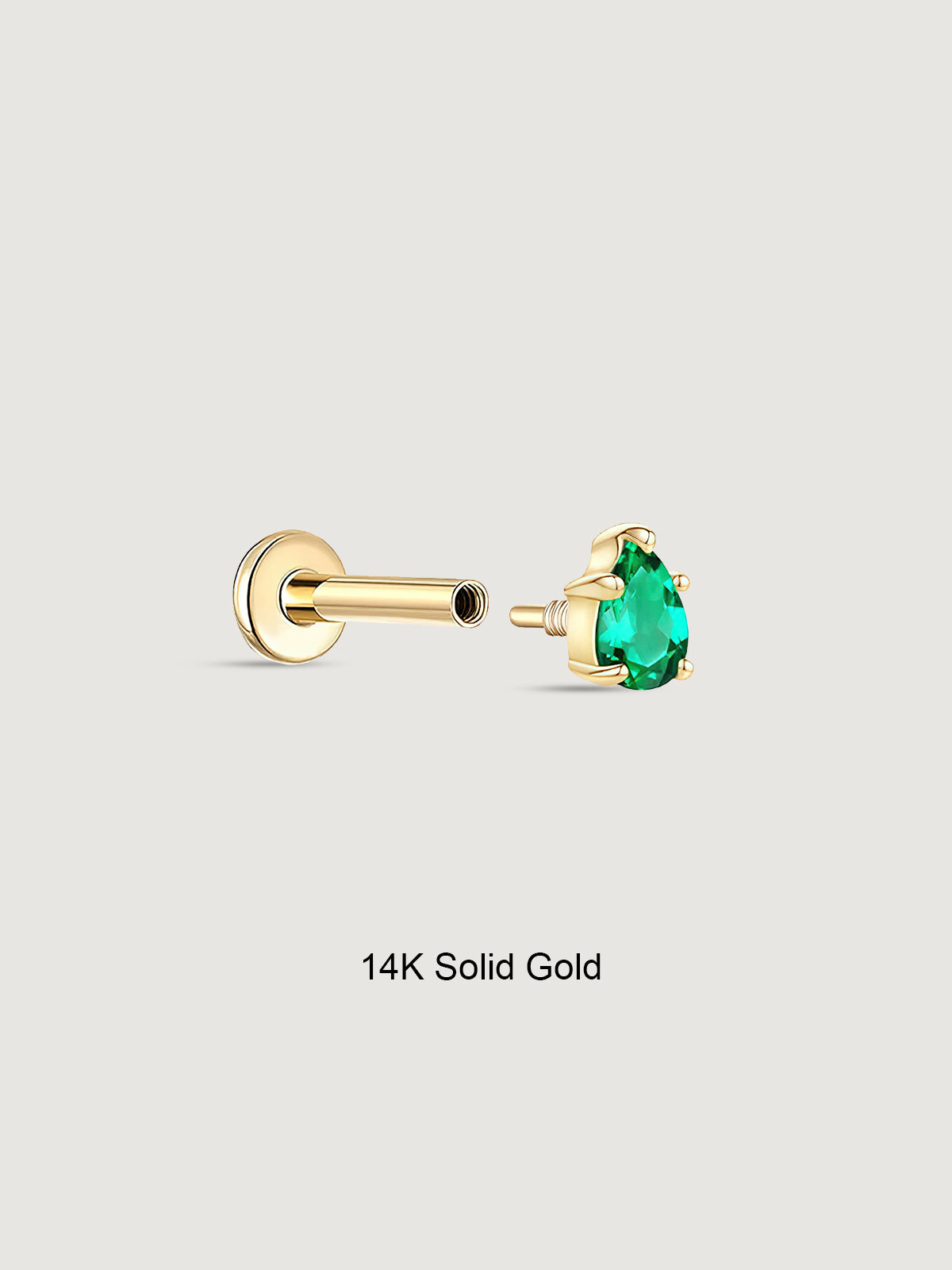 14K Solid Gold Minimal Emerald Drop Flat Back Earrings