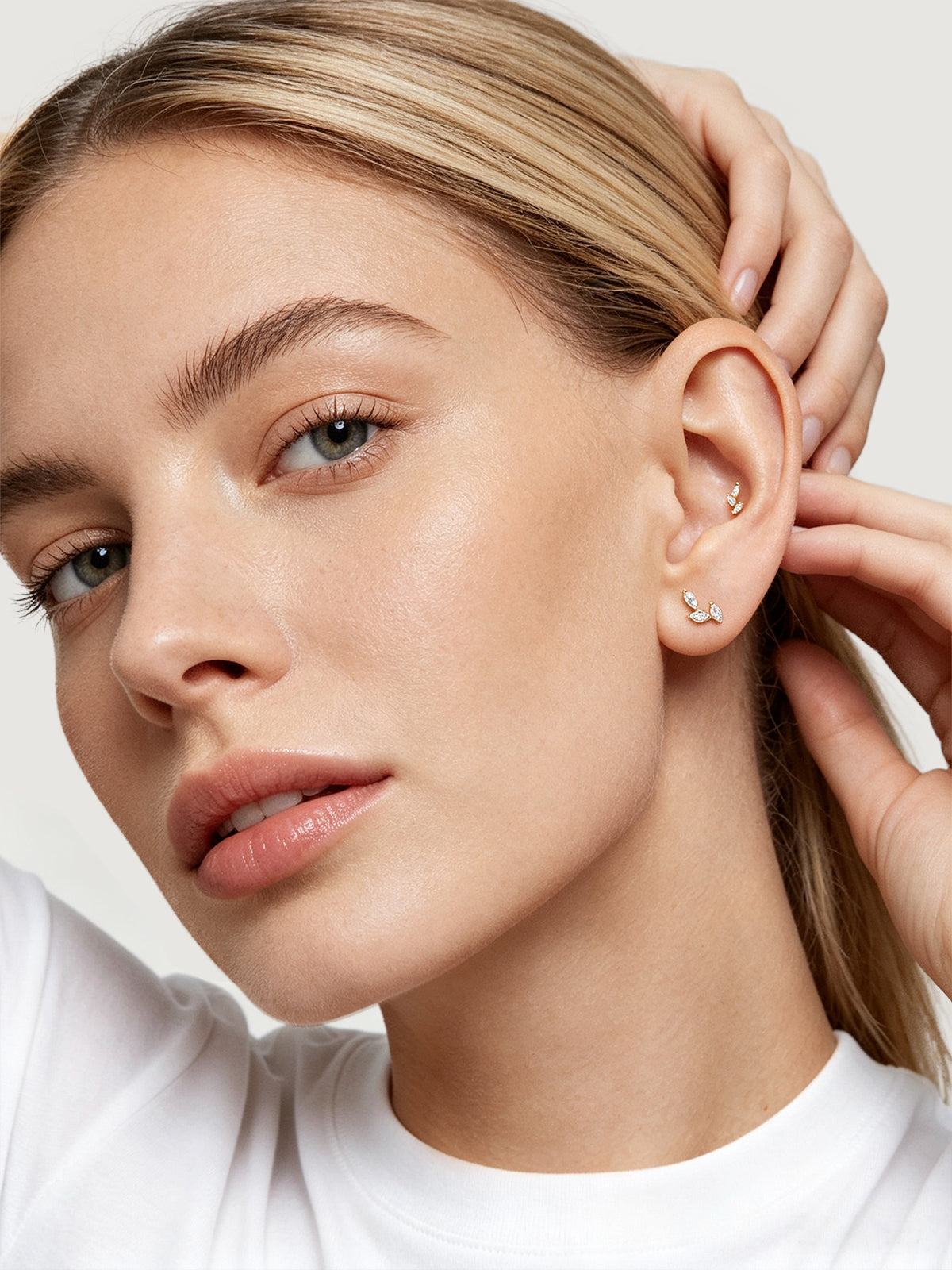 14K Solid Gold Diamond Leaf Flat Back Earrings