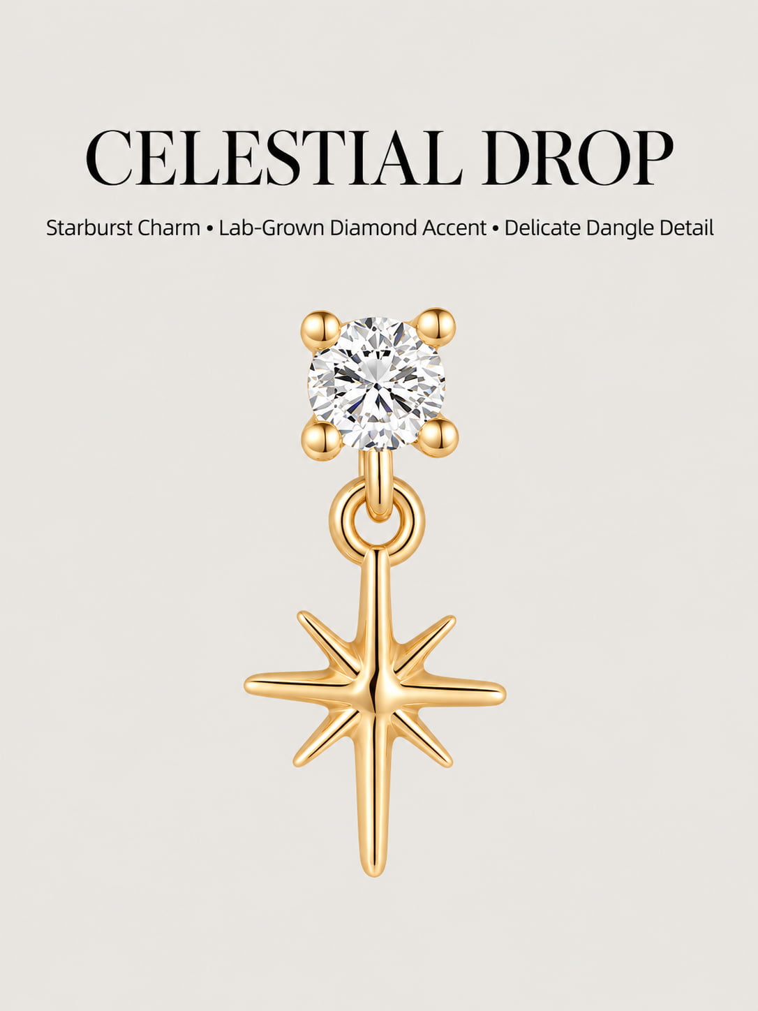 14K Solid Gold Lab-Grown Diamond Starburst Drop Flat Back Stud