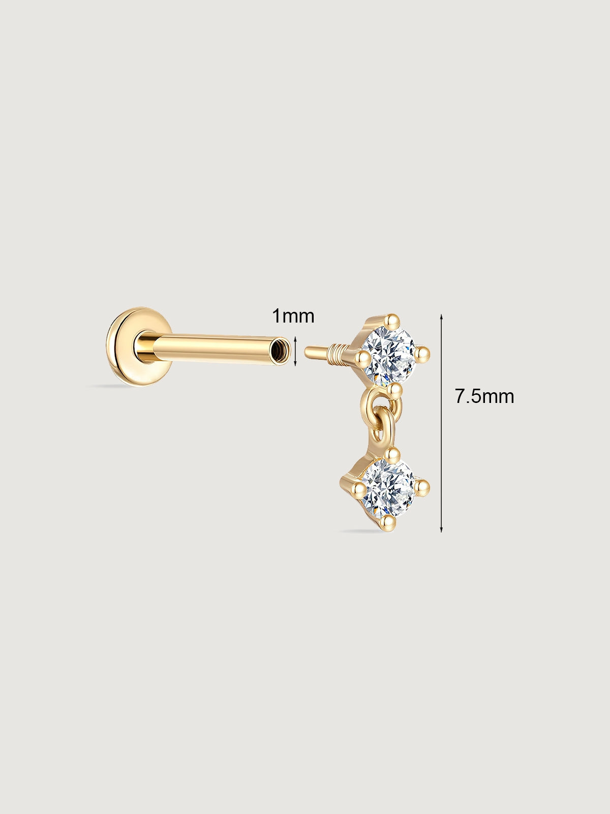 14K Solid Gold Minimal Pendant Stud Flat Back Earrings