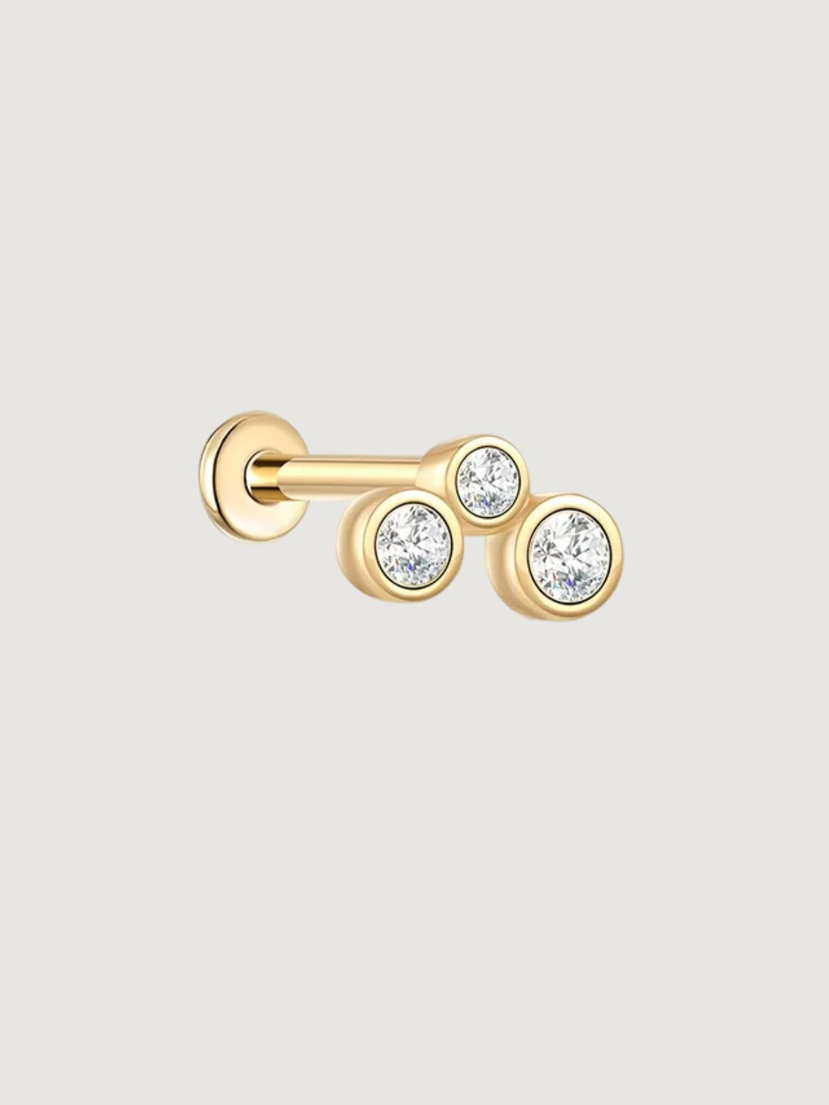14K Solid Gold Lab-Grown Diamond Three-Stone Bezel Flat Back Stud