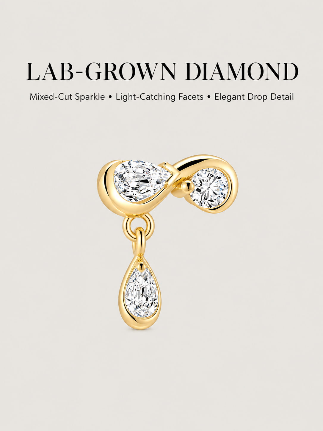 14K Solid Gold Mixed-Cut Lab-Grown Diamond Drop Flat Back Stud