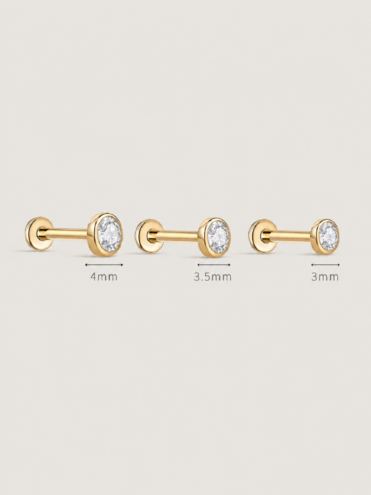 14K Solid Gold Round CZ Flat Back Earrings
