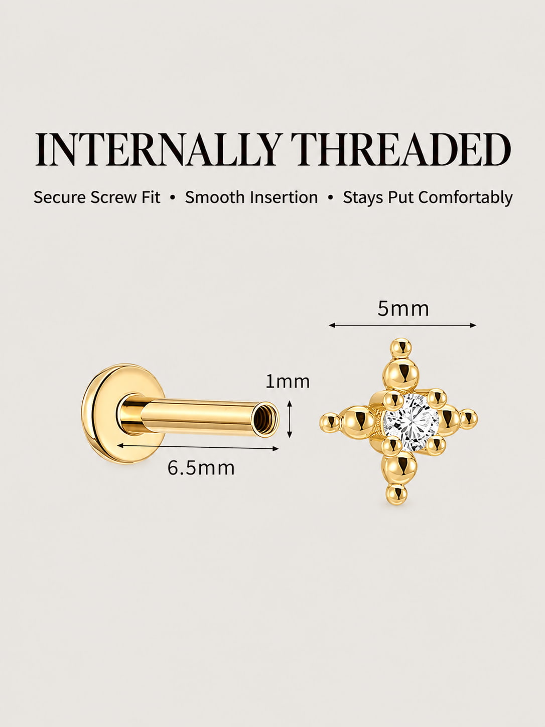 14K Gold Lab-Grown Diamond Beaded Cross Flat Back Stud