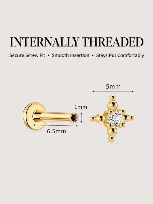 14K Gold Lab-Grown Diamond Beaded Cross Flat Back Stud